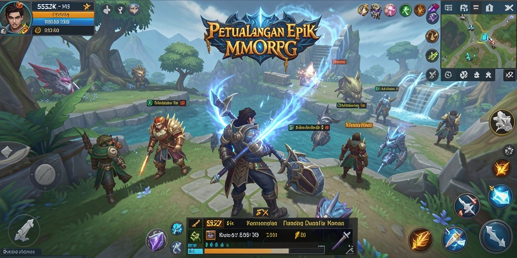 Screenshot yang menampilkan pertempuran epik dalam game MMORPG 555ZK.