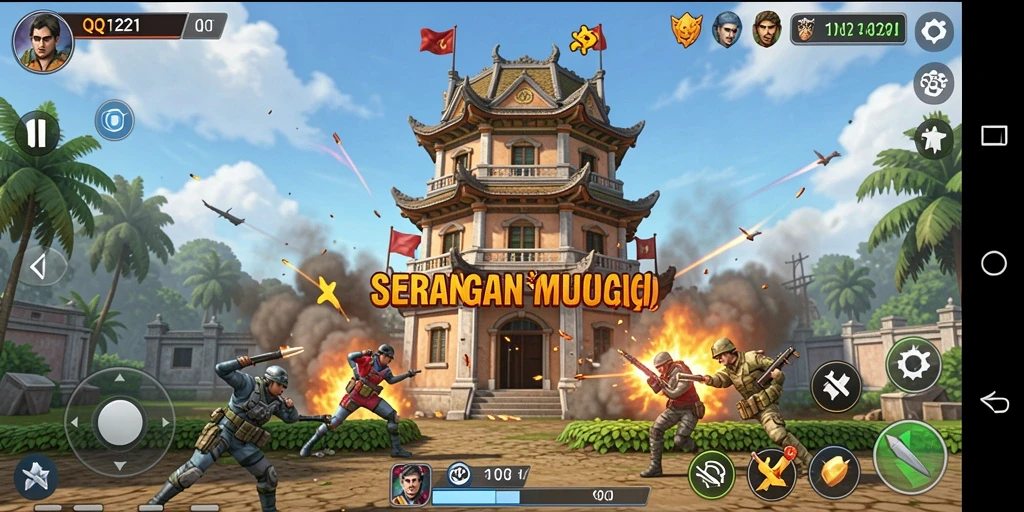 Tampilan realistis menara dan musuh dalam permainan Tower Defense.